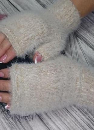 Женские вязаные митенки - перчатки без пальцев (молочно-бежевые)- зимние рукавички в подарок