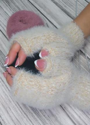 Женские вязаные митенки - перчатки без пальцев (молочно-бежевые)- зимние рукавички в подарок6 фото