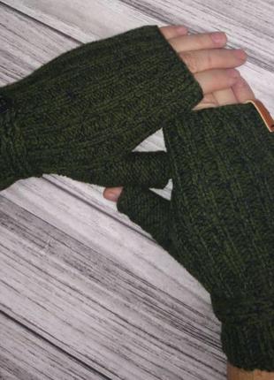 Зимние мужские митенки - вязаные перчатки для мужчин (хаки)