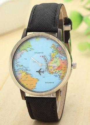 Наручные часы с картой мира и летающим самолетом 4см крепкий ремешок!