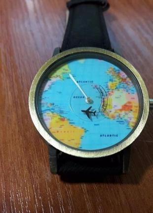 Наручний годинник з картою світу і літаючим літаком 4см міцний ремінець!5 фото