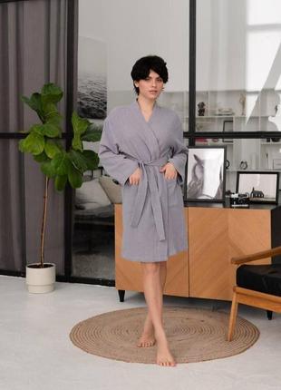 Жіночий легкий літній стильний халат із фактурного мусліну сірого кольору натуральні халат для жинок1 фото