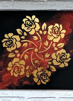 Картина золотая роза, панно из металла, зеркальное панно, арт металл