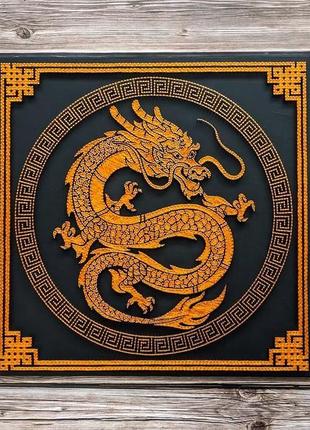 Картина дракон, китайський декор на стіну, золотий дракон арт, стринг арт, панно в чайна студію1 фото