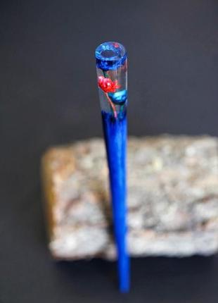 Заколка для волос "маина" из синего дерева граба и цветов гликсии, палочка для прически-пучка9 фото