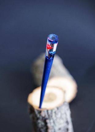 Заколка для волос "маина" из синего дерева граба и цветов гликсии, палочка для прически-пучка6 фото