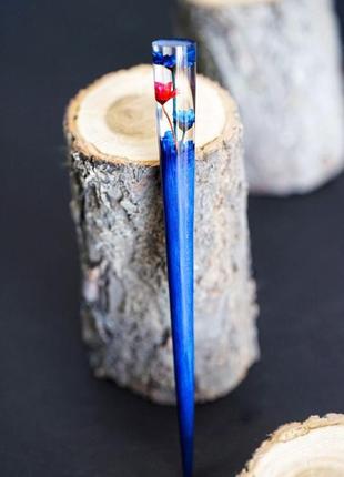 Заколка для волос "маина" из синего дерева граба и цветов гликсии, палочка для прически-пучка4 фото