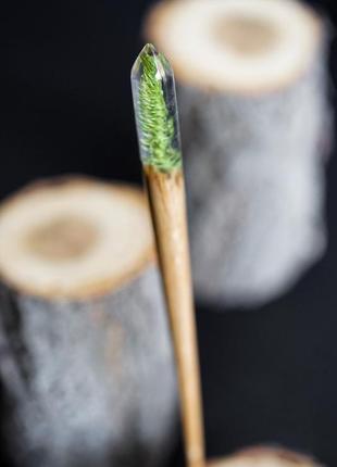 Гостра зелена "маїна" шпилька для волосся, заколка для пучка із справжньою рослиною7 фото