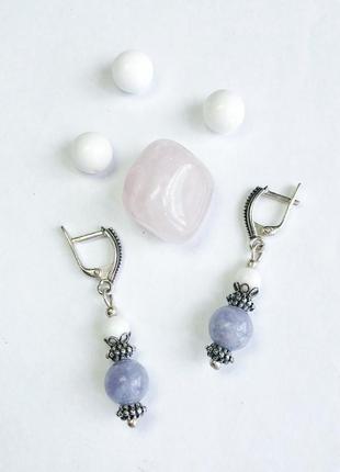 Срібні сережки з натуральних каменів, сережки з ангелита і агата1 фото