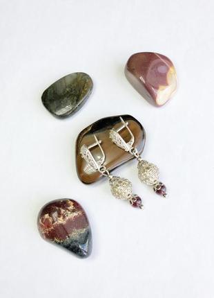 Гранатові сережки срібло, срібні сережки з гранатом, сережки з натуральними каменями2 фото