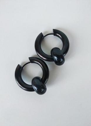 Серьги -  кольца с натуральным камнем черный агат