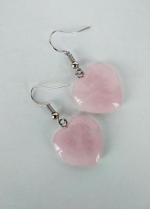 Серьги " сердечки" из  натурального камня розовый кварц