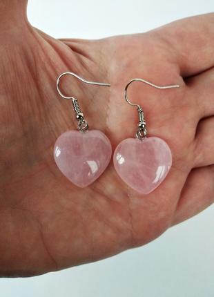 Серьги " сердечки" из  натурального камня розовый кварц3 фото