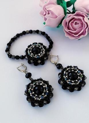 Вечірній комплект чорних прикрас «noire» - браслет і сережки2 фото