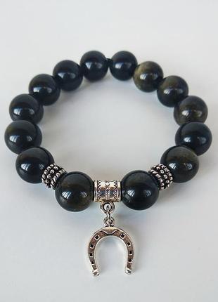 Браслет "підкова на щастя" з натурального каменю обсидіан