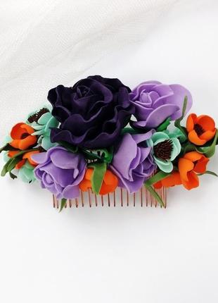 Весільний гребінь для волосся з квіткою бордового кольору1 фото