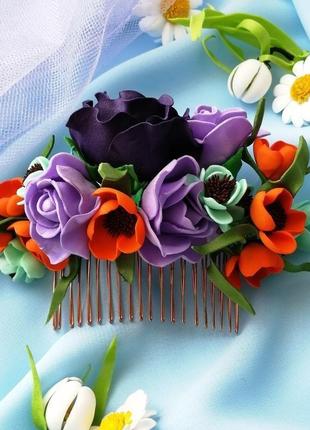 Весільний гребінь для волосся з квіткою бордового кольору2 фото