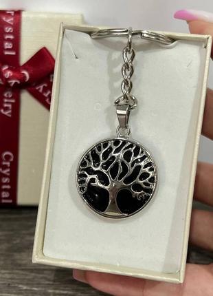 Кулон из натурального камня черный агат в оправе "древо жизни" на брелке - подарок парню, девушке в коробочке