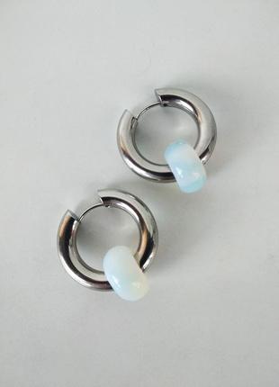 Серьги -  кольца с лунным опалом2 фото