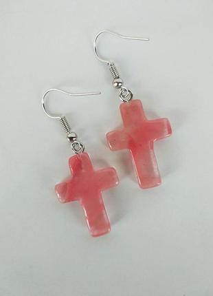 Сережки "хрестики" з натурального каменю рожевий кварц