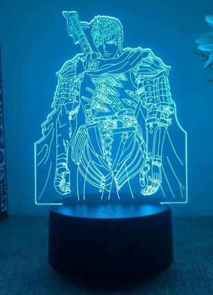 Акриловый 3d стветильник - ночник аниме гатс берсерк черный мечник 7цветов