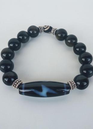 Браслет-талисман с тибетской бусиной дзи "молния" и " 5 глаз" из обсидиана