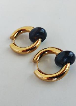 Серьги -  кольца с натуральным камнем черный агат2 фото