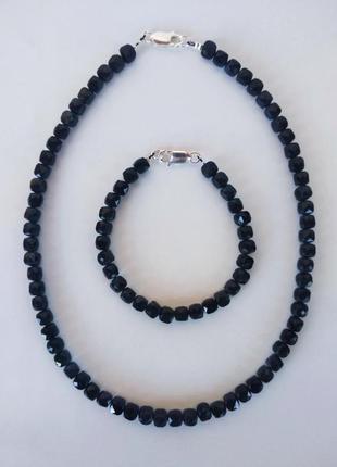 Бусы - чокер и браслет из натурального камня черный турмалин1 фото