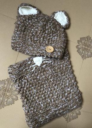 Вязаный зимний набор , шапочка и хомут «кошечка»1 фото