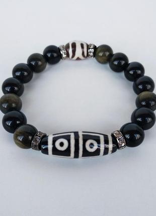 Браслет-талисман с бусиной дзи " 4 глаза " из обсидиана