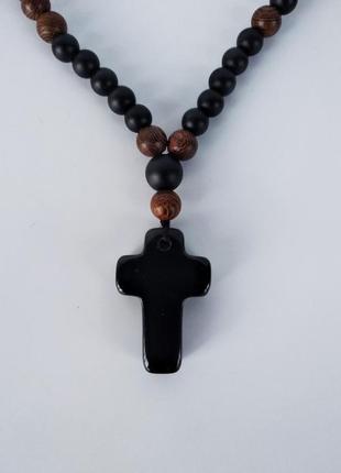 Ожерелье мужское с крестиком из агата и сандалового дерева3 фото