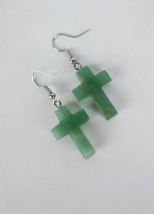 Сережки "хрестики" з натурального каменю зелений авантюрин