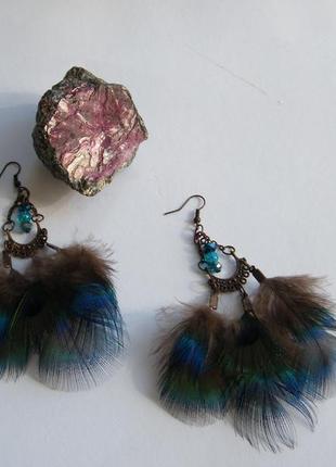 Серьги с перьями синяя птица4 фото