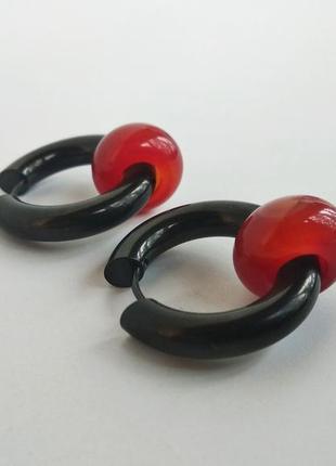 Сережки — кільця з натуральним каменем червоний агат2 фото