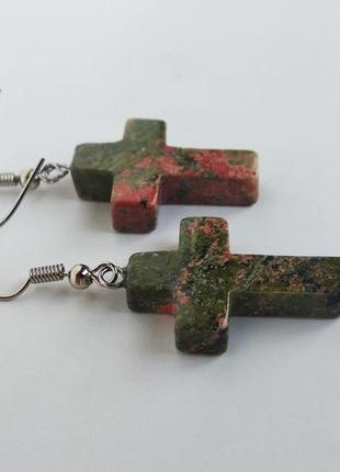 Сережки " хрестики " з натурального каменю унакит2 фото