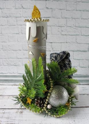 Зимова композиція зі скандинавським гномом і свічкою. новорічний декор3 фото
