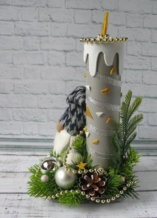 Зимова композиція зі скандинавським гномом і свічкою. новорічний декор5 фото