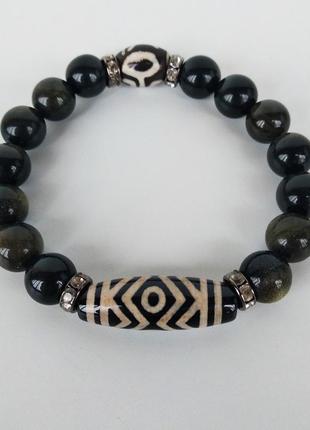 Браслет - талисман с тибетсой бусиной дзи " бриллиант " из обсидиана