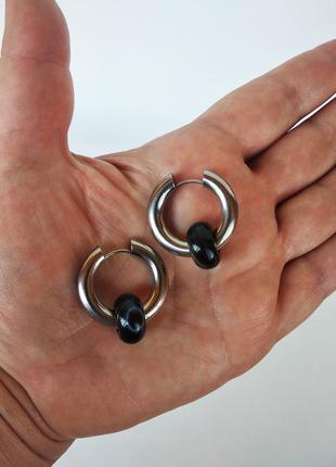Сережки - кільця з натуральним каменем чорний агат3 фото
