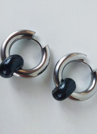 Сережки - кільця з натуральним каменем чорний агат1 фото