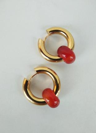 Сережки - кільця з натуральним каменем червоний агат1 фото