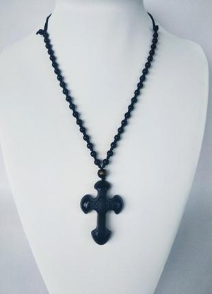 Бусы с крестиком из натурального камня обсидиан