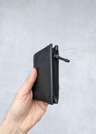 Портмоне кошелёк мужской кожаный черный компактный для купюр и монет4 фото