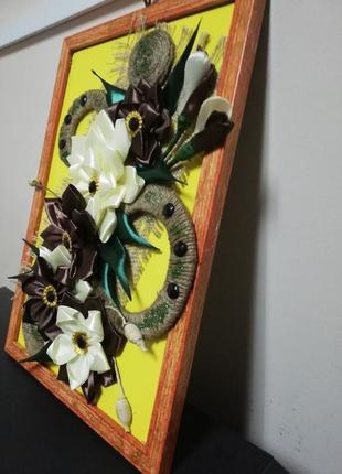 Декоративное цветочное панно на стену из джута  и ленты ручная работа2 фото