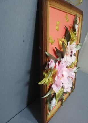 Декоративне квіткове панно на стіну «літній ранок» зі стрічки ручна робота.2 фото