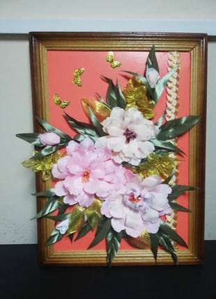 Декоративное цветочное панно на стену «летнее утро» из ленты ручная работа.1 фото