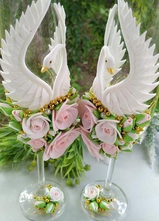 Свадебное шампанское, бокалы и замочек " лебеди" в цвете пудра и золото6 фото