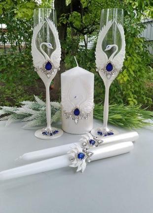 Свадебная шкатулка для колец " лебеди" в цвете синий и белый перламутр7 фото