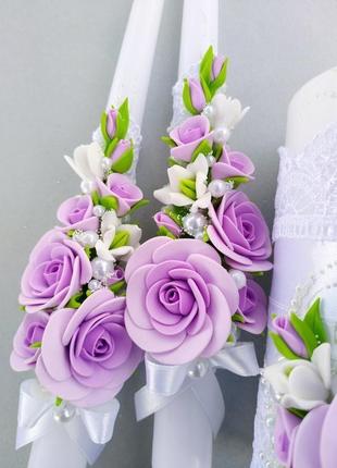 Весільні келихи + свічки в бузковому і білому кольорі з ініціалами5 фото