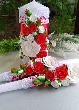 Свадебная бутоньерка для жениха, невесты или свидетелей в красном и белом цвете4 фото